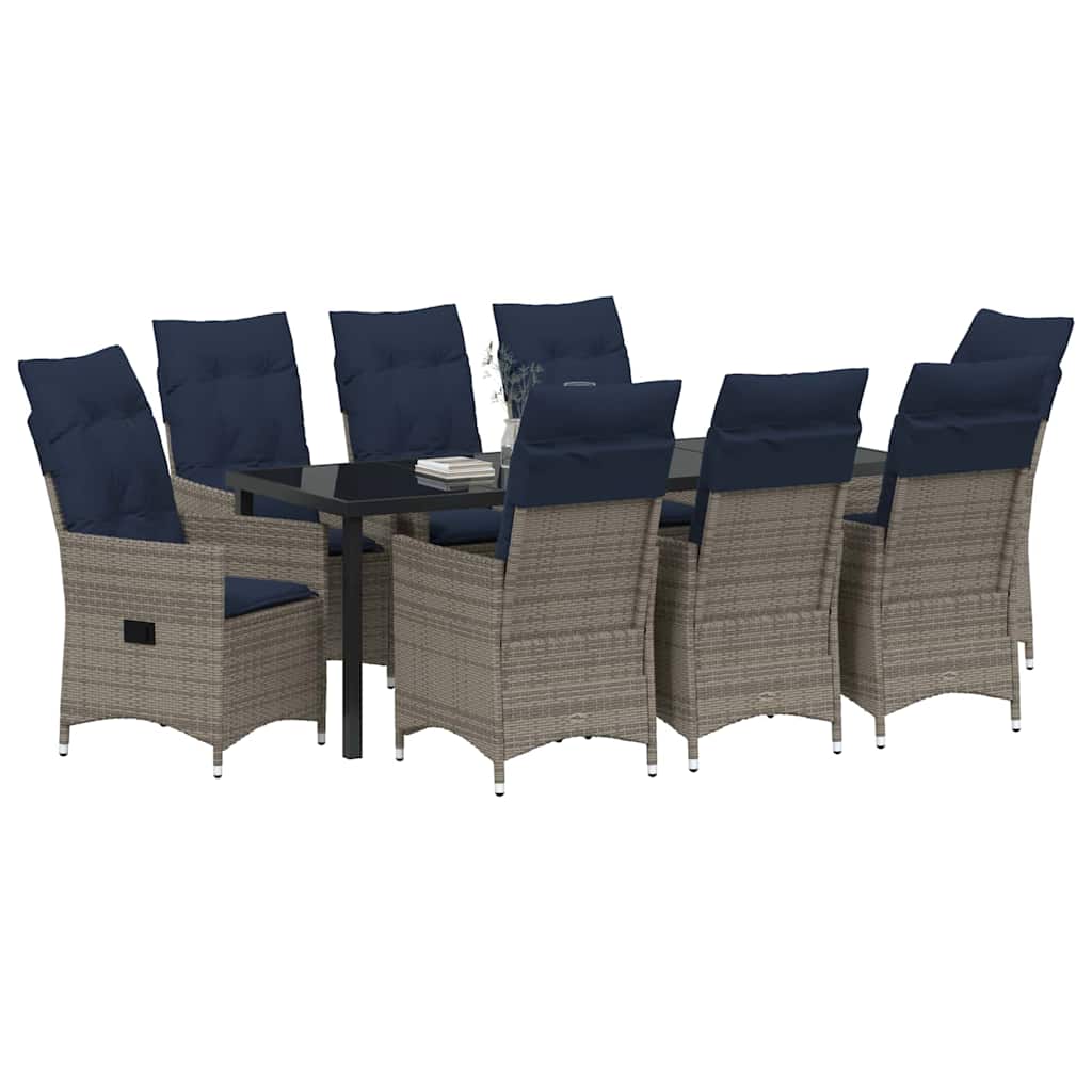 vidaXL Tisch- und Stuhlset mit Kissen 9 pcs Grau PE-Rattan
