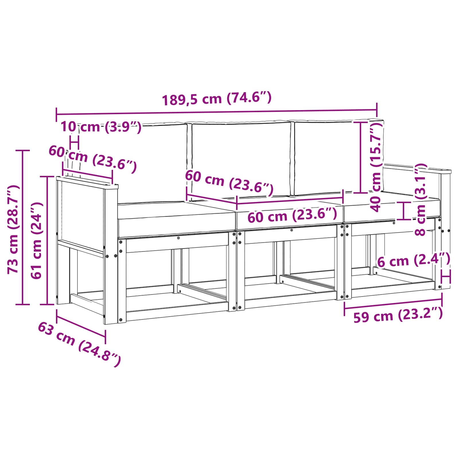 vidaXL Outdoor-Sofagarnitur mit Kissen 3 pcs Natürlich und Hellgrau