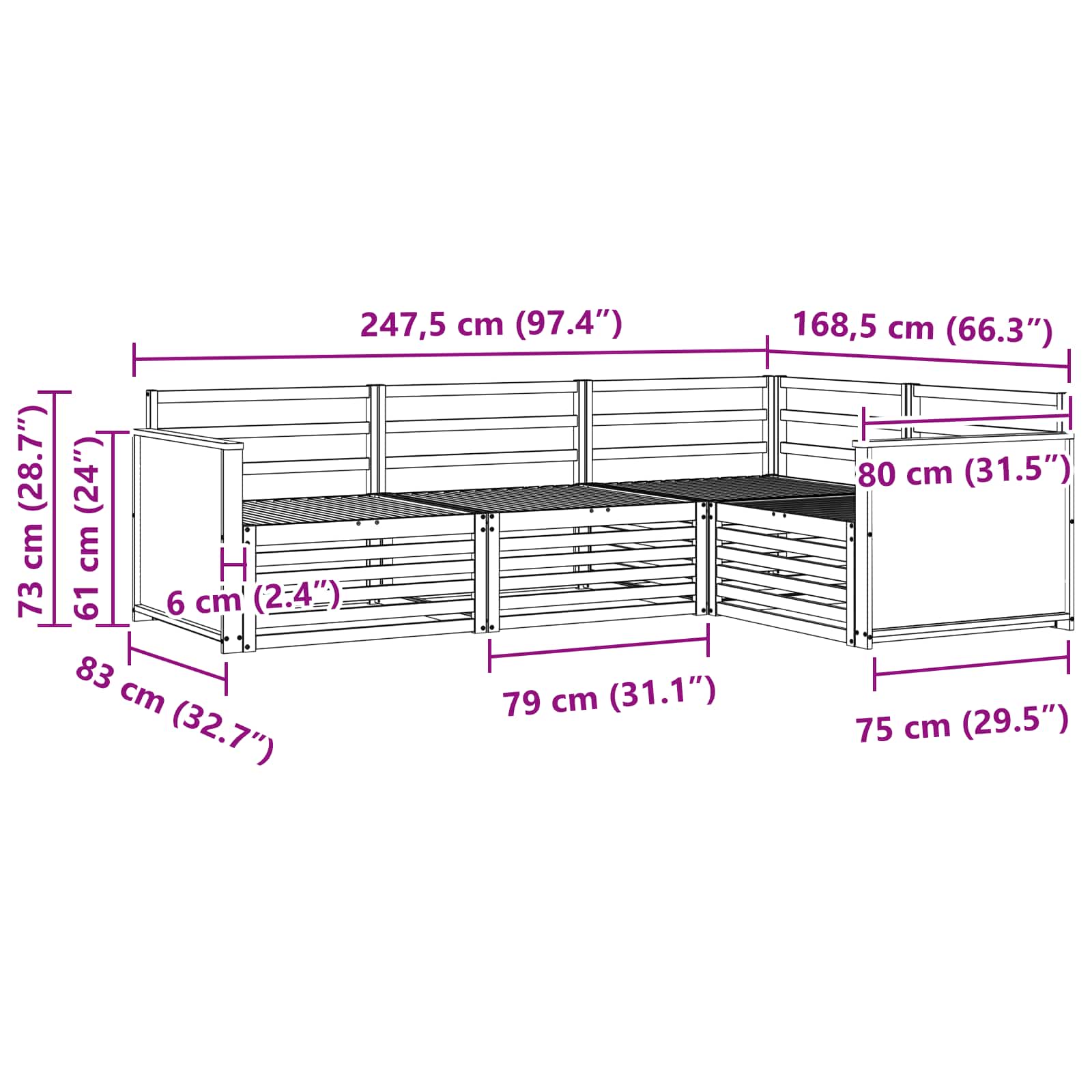 vidaXL Outdoor-Sofagarnitur 4 pcs Natur 247,5 x 168,5 x 73 cm