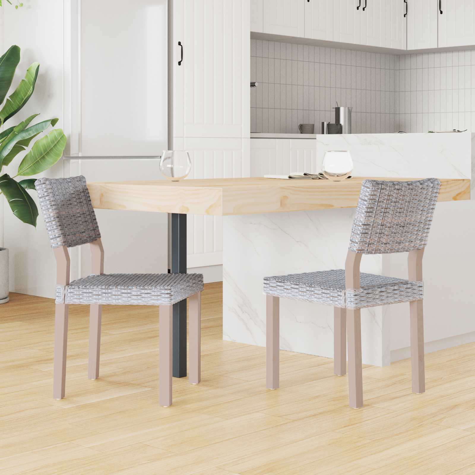 vidaXL Esszimmerstuhl 2 pcs Kubu Rattan Weiß gewaschen 46 x 55 x 84 cm