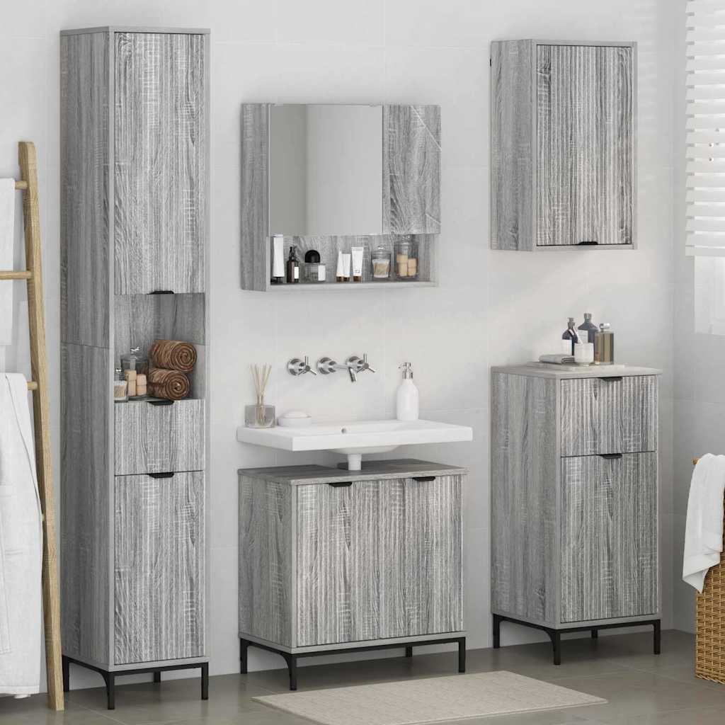 vidaXL Badezimmermöbel-Set mit Tür Graues Sonoma Holzwerkstoff, Metall