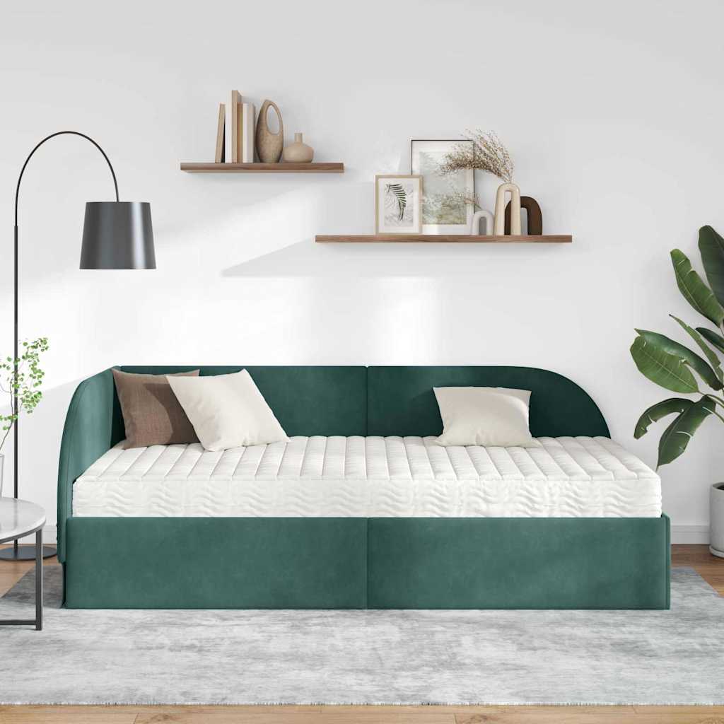 vidaXL Eckbettgestell mit Matratze 2 pcs Grün Samt