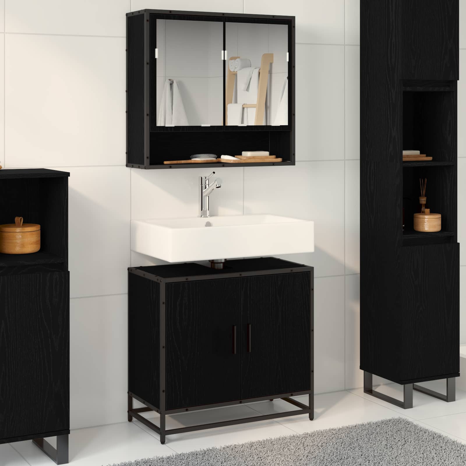 vidaXL Waschbeckenschrank mit Tür Schwarz Eichen-Optik 65 x 33 x 60 cm