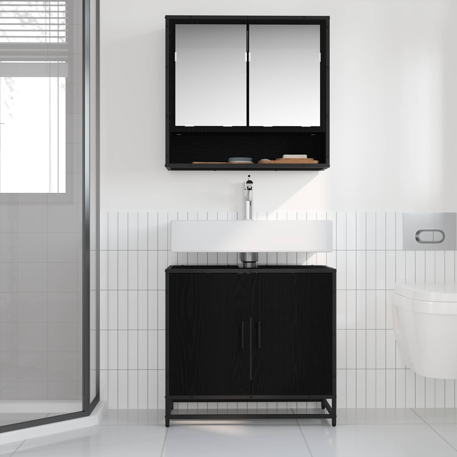 vidaXL Waschbeckenschrank mit Tür Schwarz Eichen-Optik 65 x 33 x 60 cm