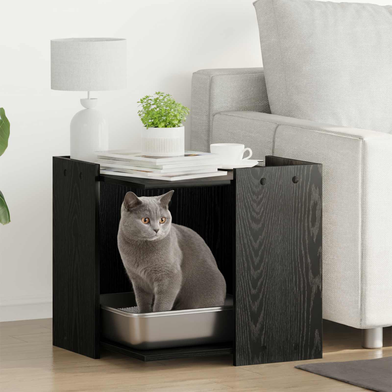 vidaXL Katzenstreu Box Umzäunung Schwarz Eichen-Optik 53 x 53 x 51 cm