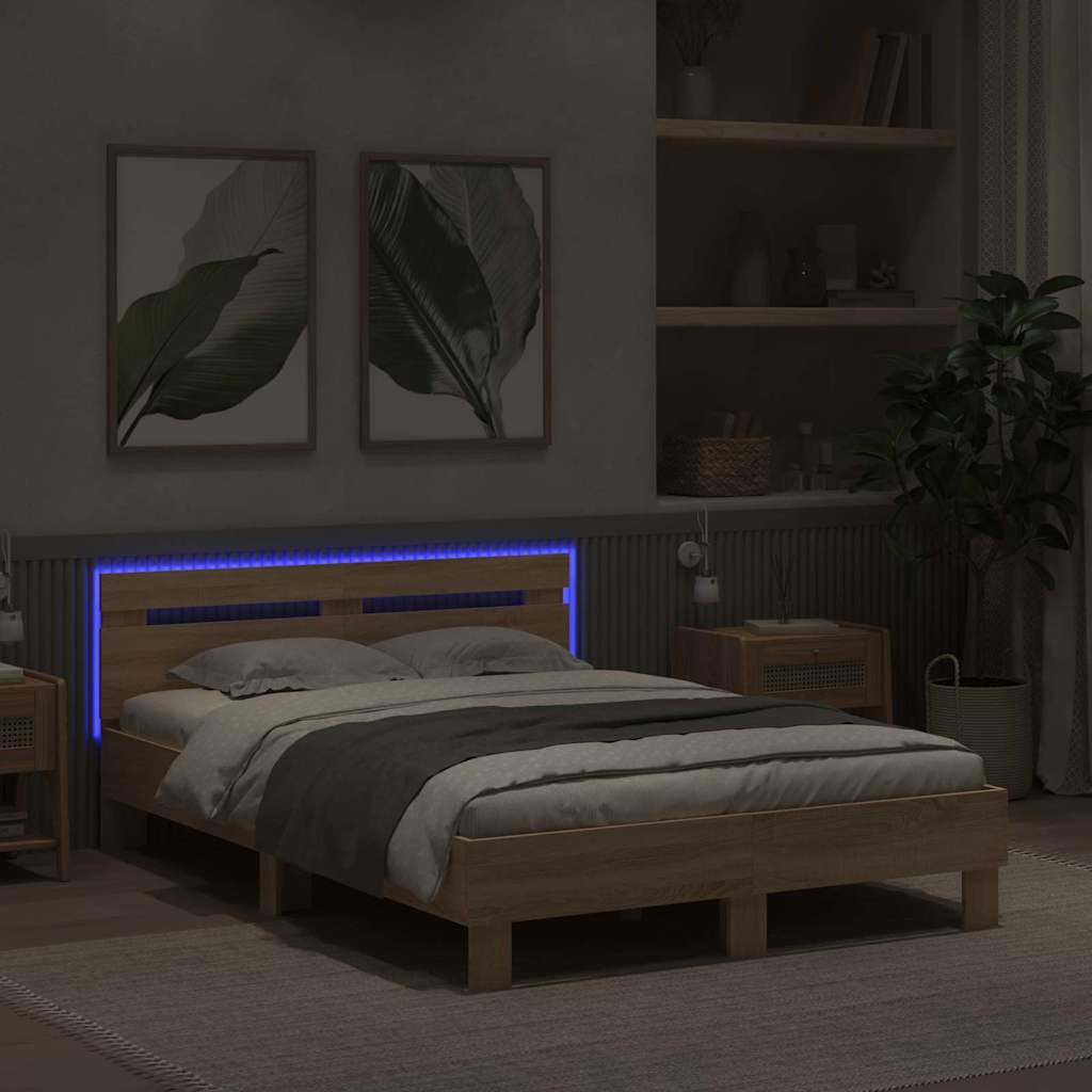 vidaXL Bettrahmen mit LED Sonoma 137 x 190 cm Holzwerkstoff