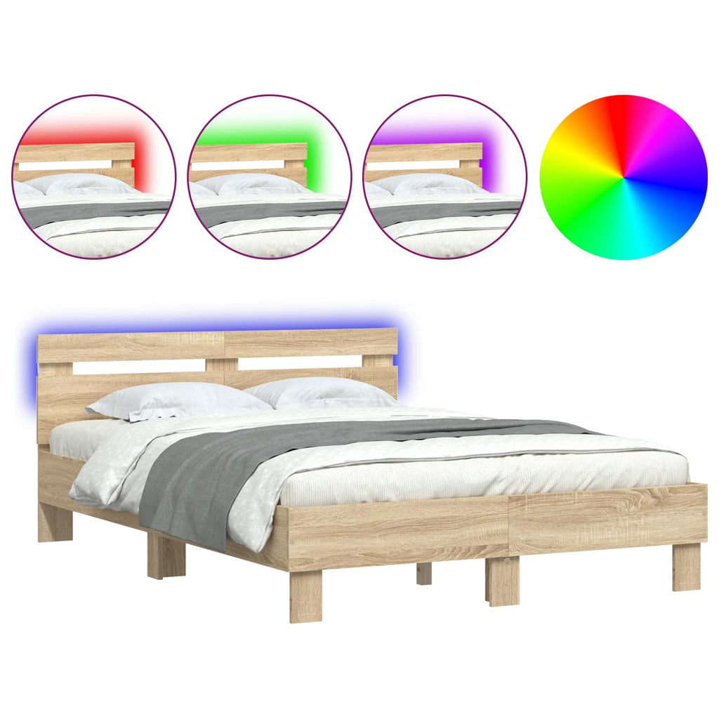 vidaXL Bettrahmen mit LED Sonoma 137 x 190 cm Holzwerkstoff
