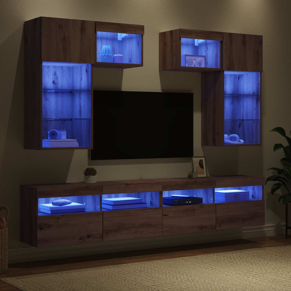 vidaXL TV-Wandgeräte mit LED-Lichtleisten 6 pcs Altholz Holzwerkstoff