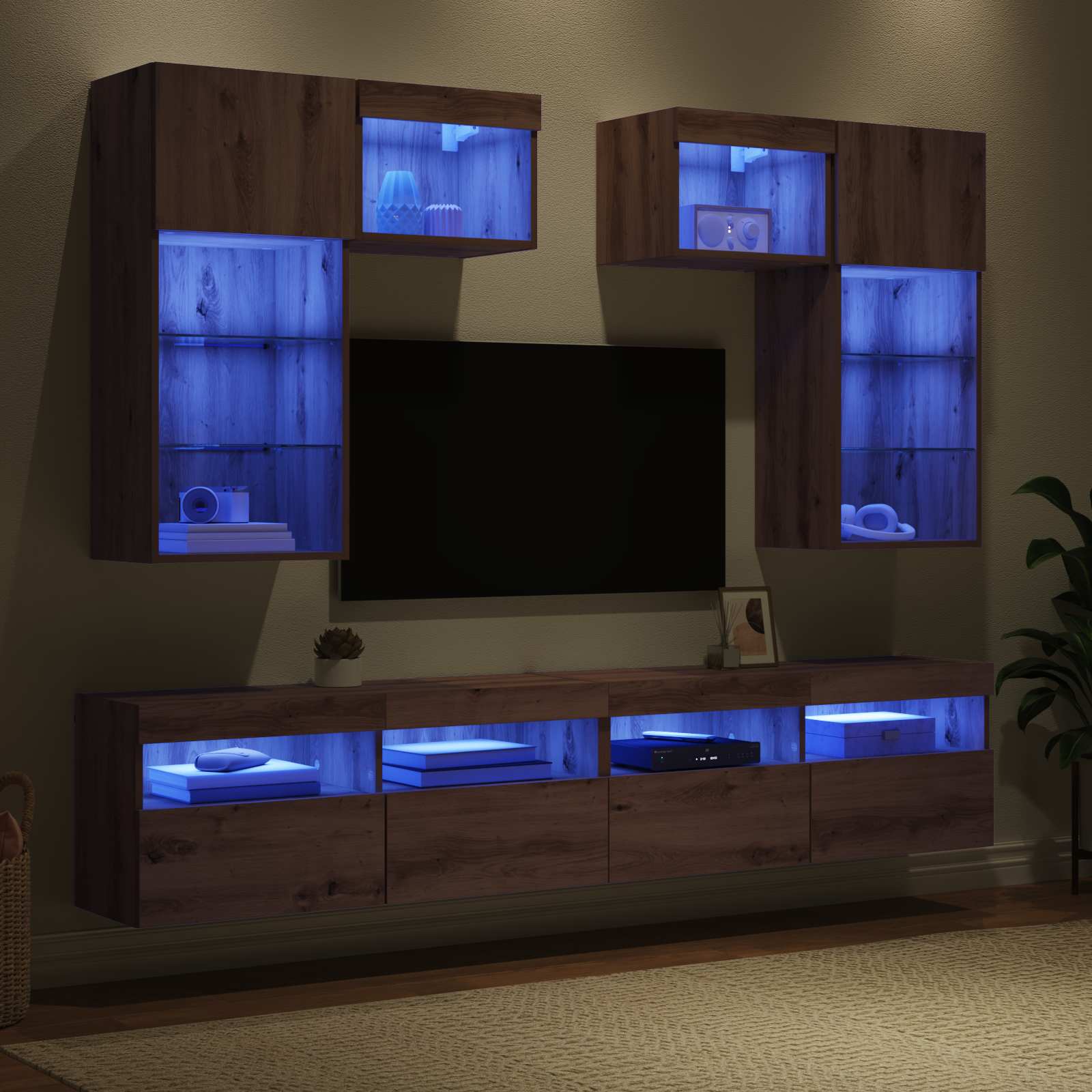 vidaXL TV-Wandgeräte mit LED-Lichtleisten 6 pcs Altholz Holzwerkstoff