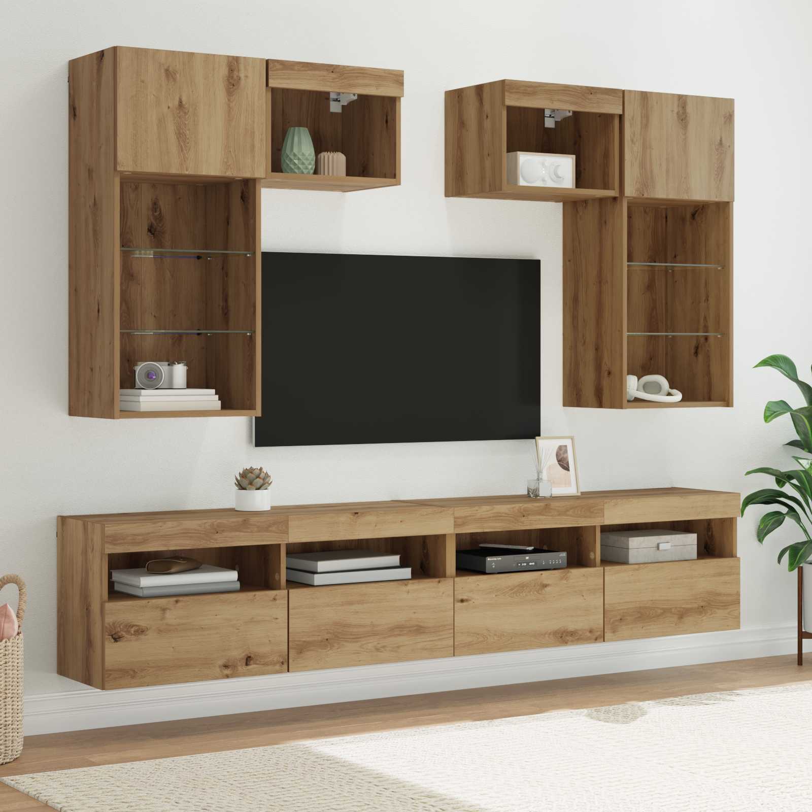 vidaXL TV-Wandgeräte mit LED-Lichtleisten 6 pcs Altholz Holzwerkstoff