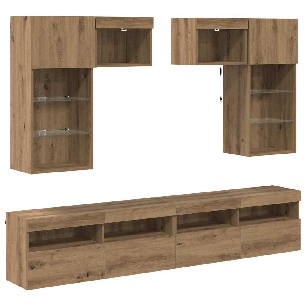 vidaXL TV-Wandgeräte mit LED-Lichtleisten 6 pcs Altholz Holzwerkstoff
