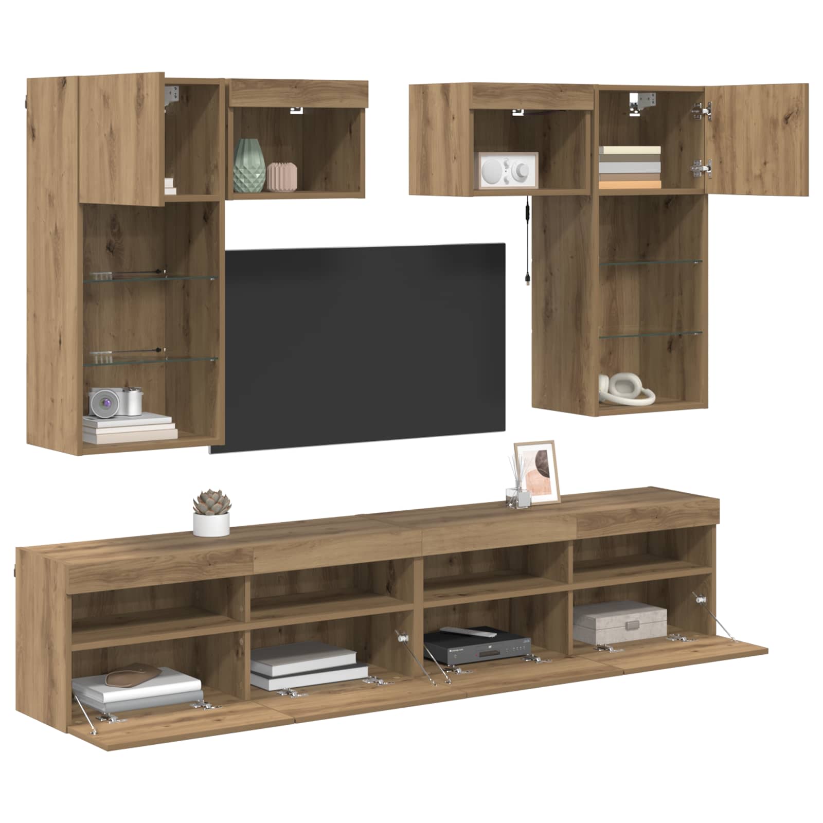 vidaXL TV-Wandgeräte mit LED-Lichtleisten 6 pcs Altholz Holzwerkstoff