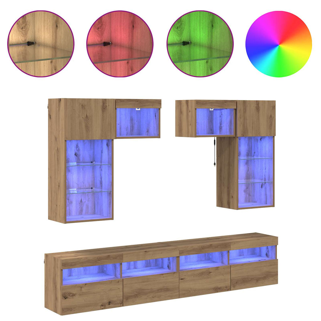 vidaXL TV-Wandgeräte mit LED-Lichtleisten 6 pcs Altholz Holzwerkstoff