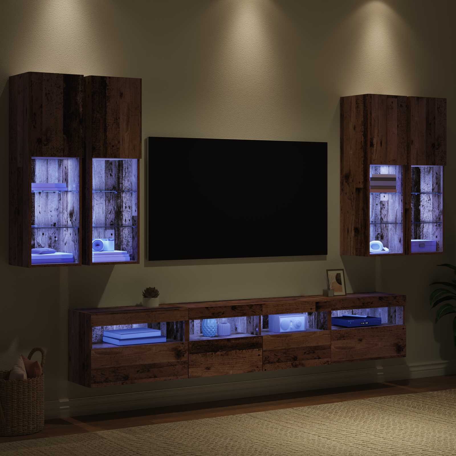 vidaXL TV-Wandschrank-Set mit LED-Lichtern 7 pcs Altholz Holzwerkstoff