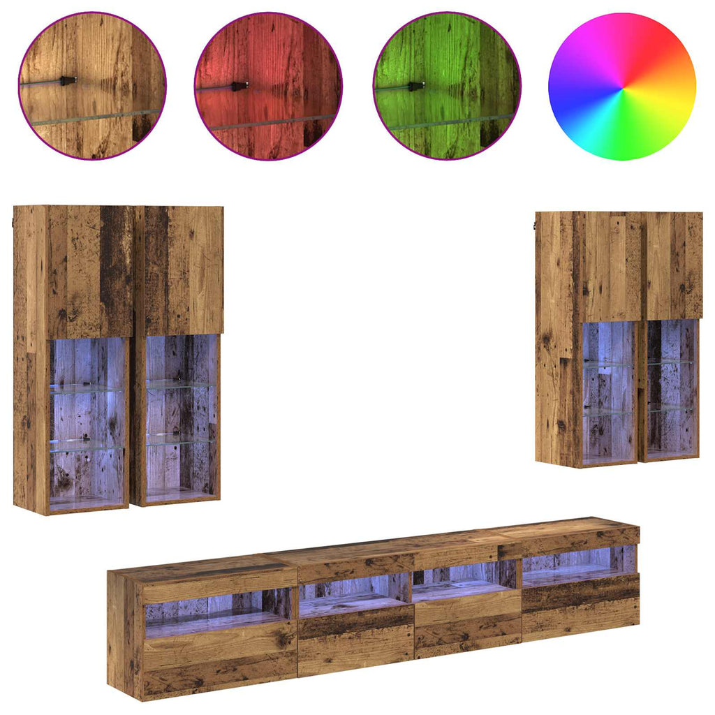 vidaXL TV-Wandschrank-Set mit LED-Lichtern 7 pcs Altholz Holzwerkstoff