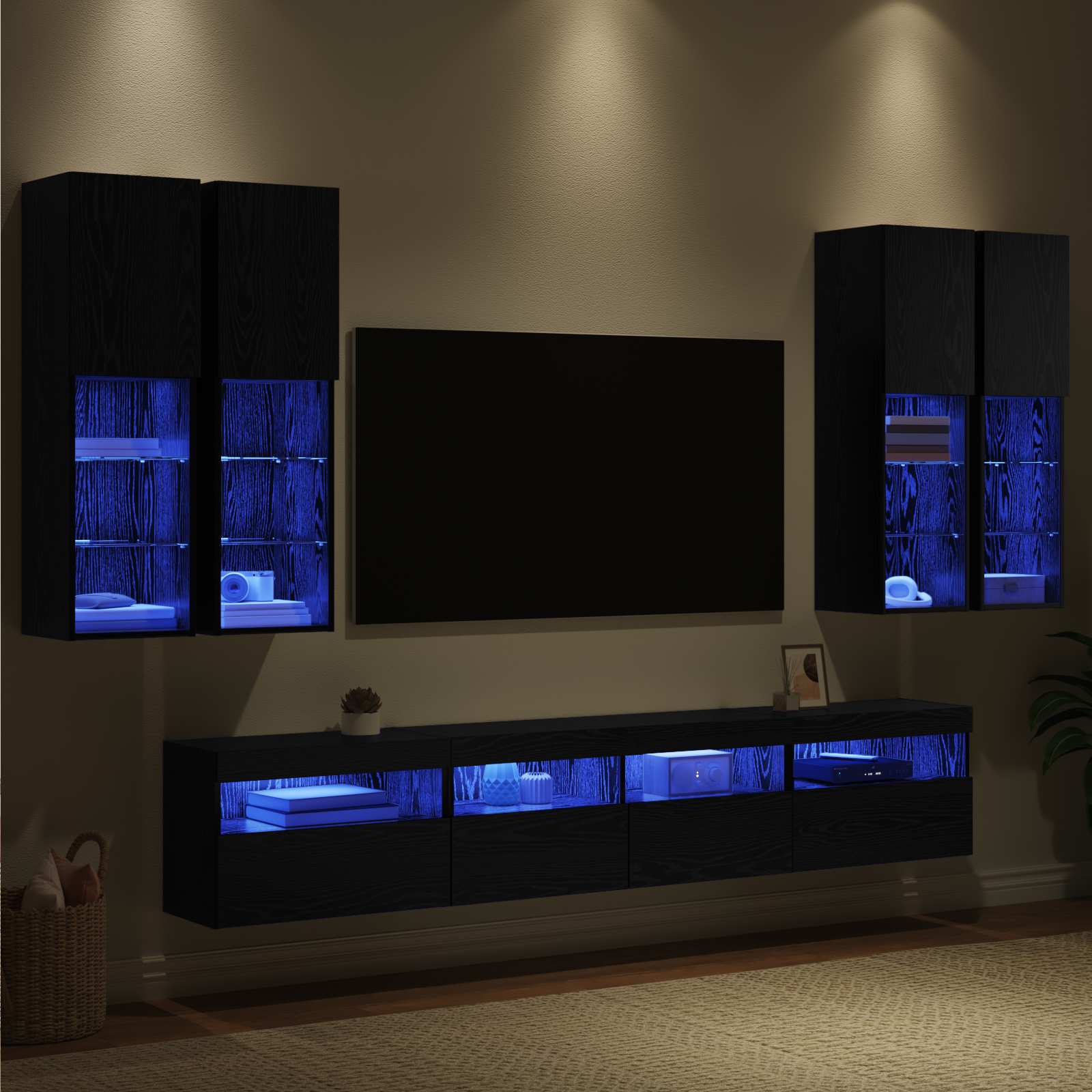 vidaXL TV-Wandschrank-Set mit LED-Lichtern 7 pcs Schwarz Eichen-Optik
