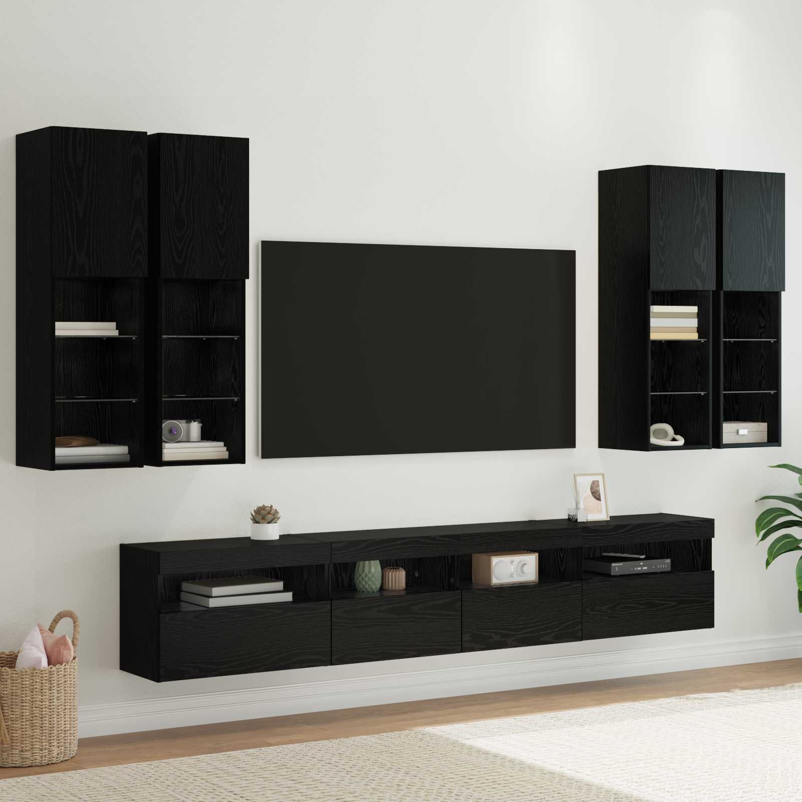 vidaXL TV-Wandschrank-Set mit LED-Lichtern 7 pcs Schwarz Eichen-Optik