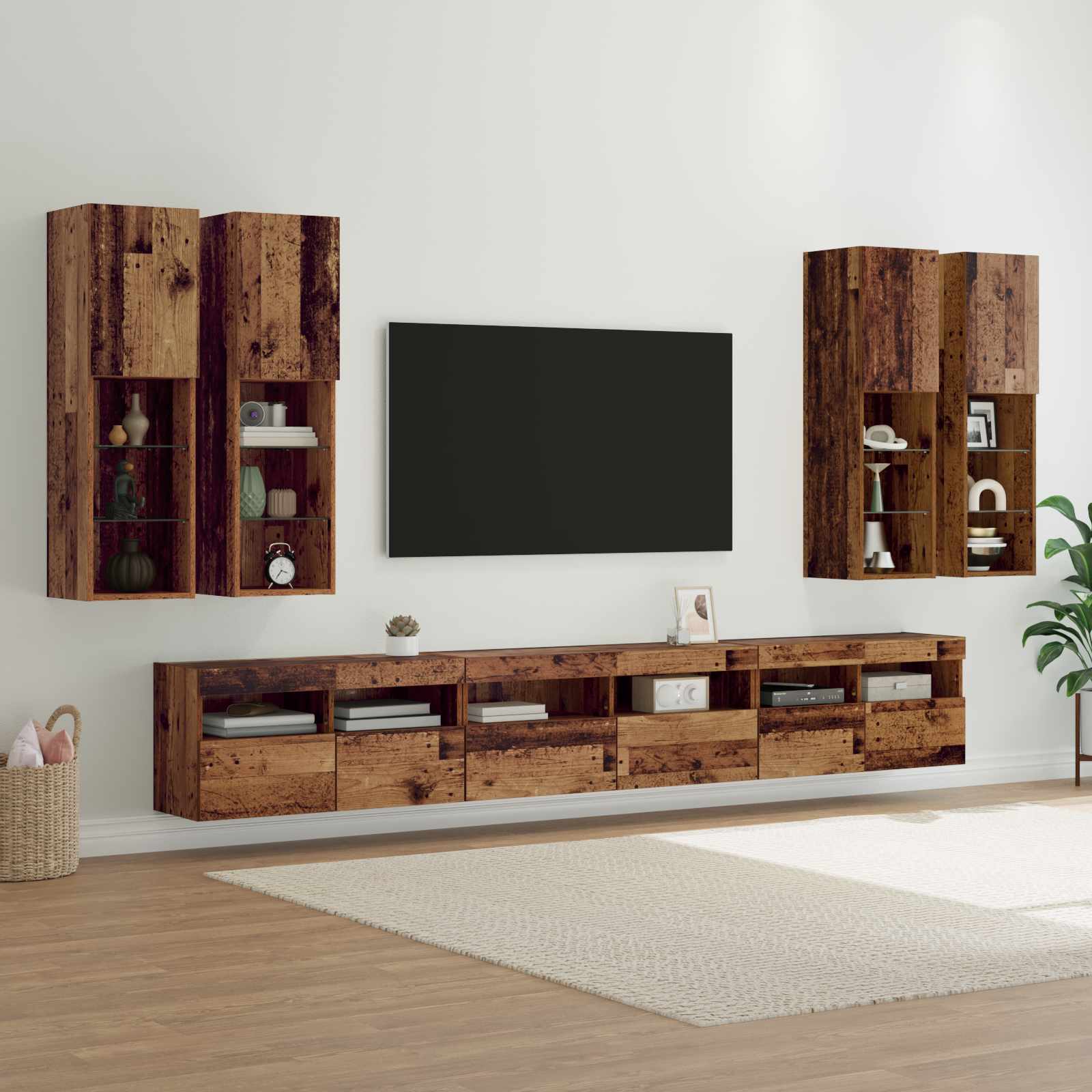 vidaXL TV-Wandregal-Set Wandmontiert 7 pcs Altholz Holzwerkstoff