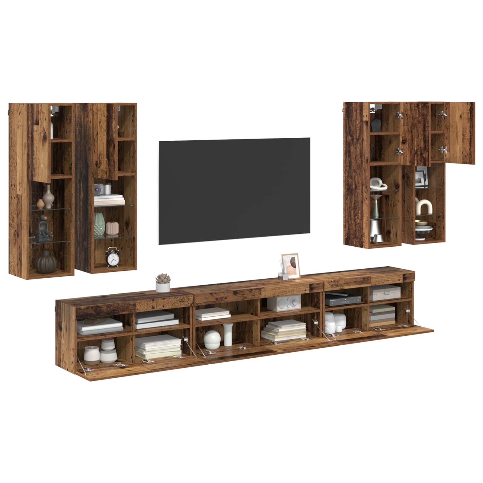 vidaXL TV-Wandregal-Set Wandmontiert 7 pcs Altholz Holzwerkstoff