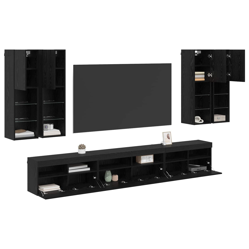 vidaXL TV-Wandregal-Set 7 pcs Schwarz Eichen-Optik Holzwerkstoff