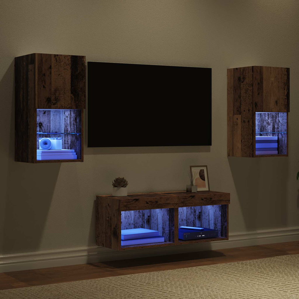 vidaXL TV-Wandregale mit LED-Lichtleisten 4 pcs Altholz Holzwerkstoff