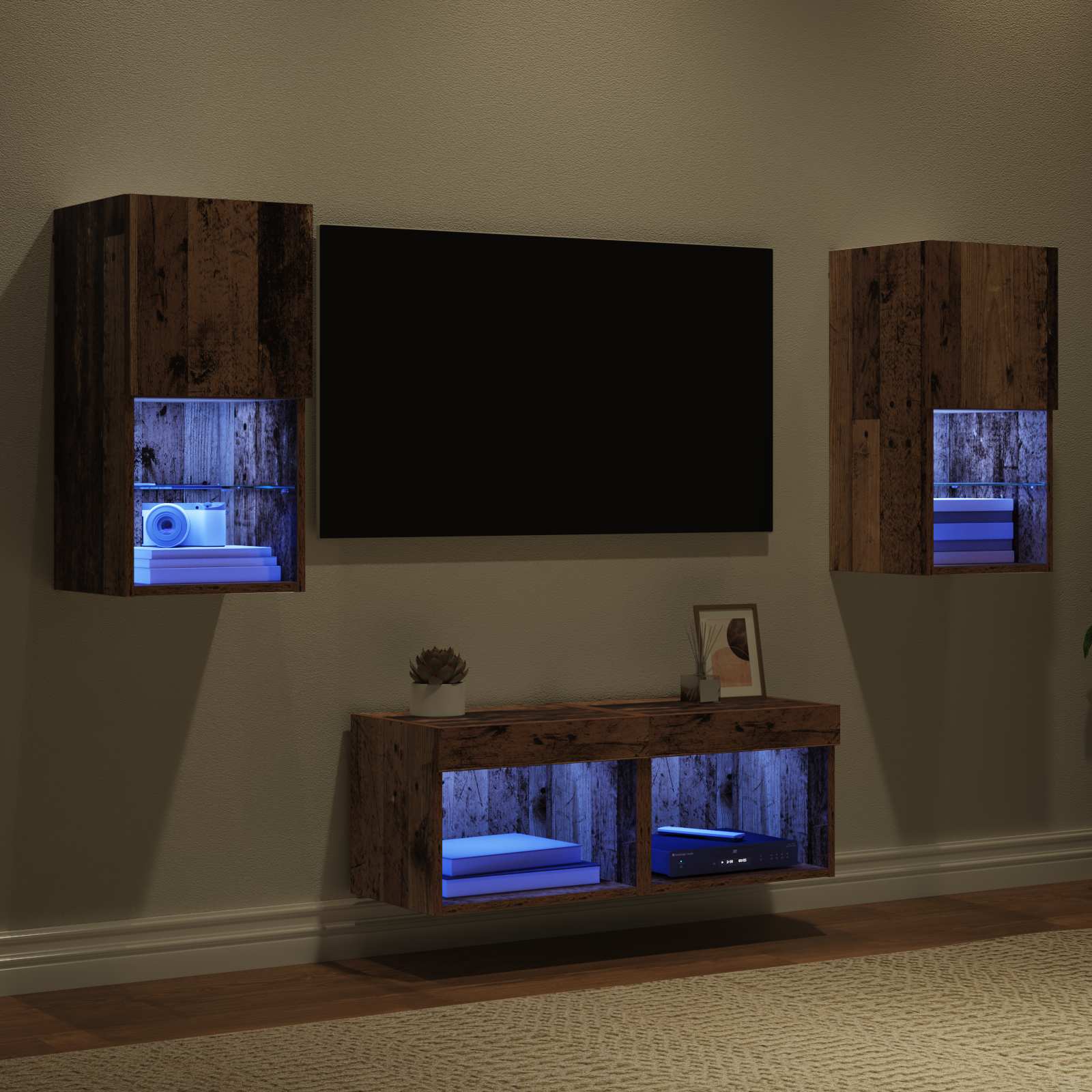 vidaXL TV-Wandregale mit LED-Lichtleisten 4 pcs Altholz Holzwerkstoff