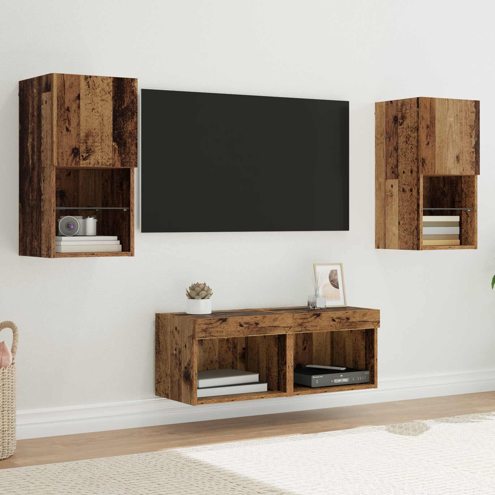 vidaXL TV-Wandregale mit LED-Lichtleisten 4 pcs Altholz Holzwerkstoff