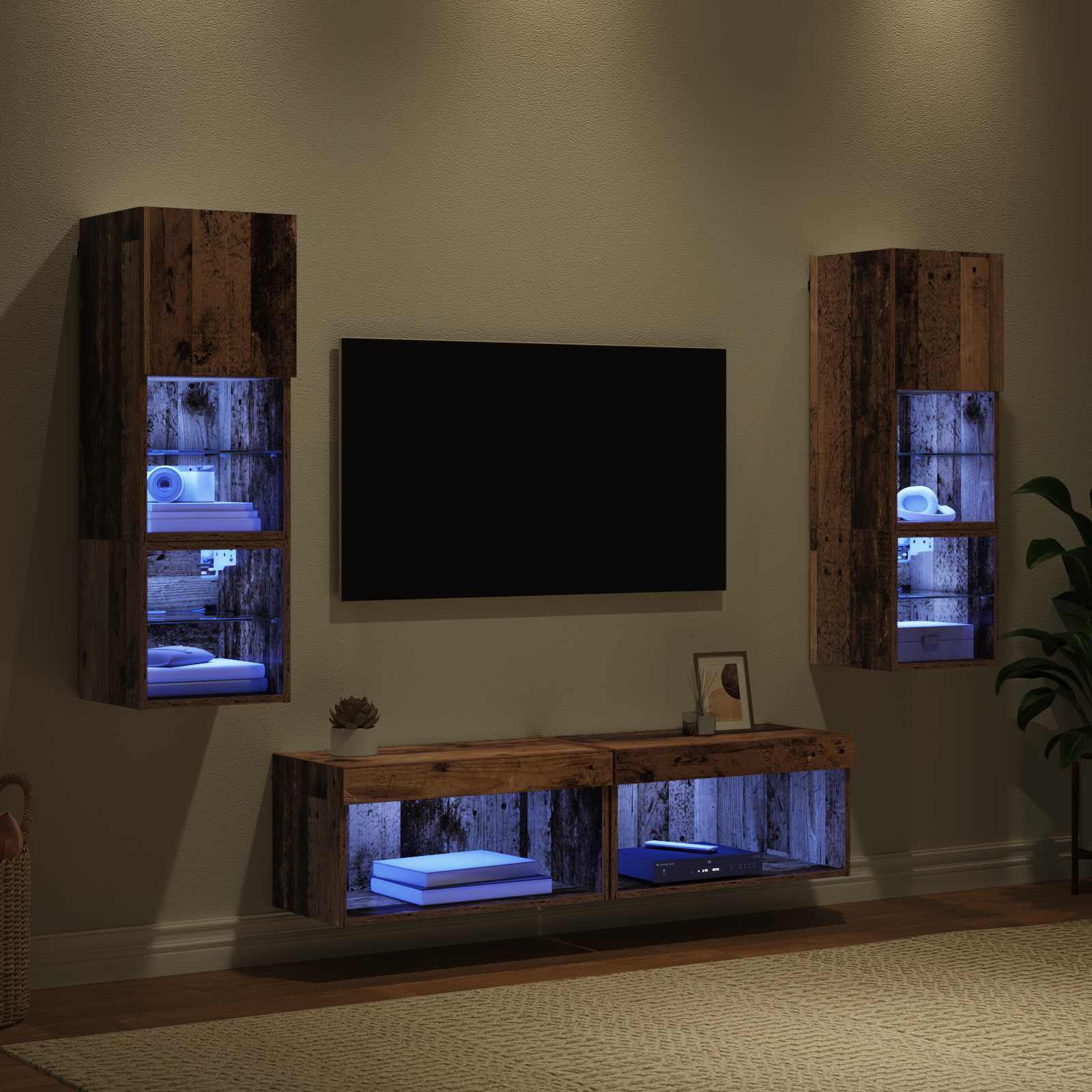 vidaXL TV-Wandmöbel mit LED-Lichtleisten 6 pcs Altholz Holzwerkstoff