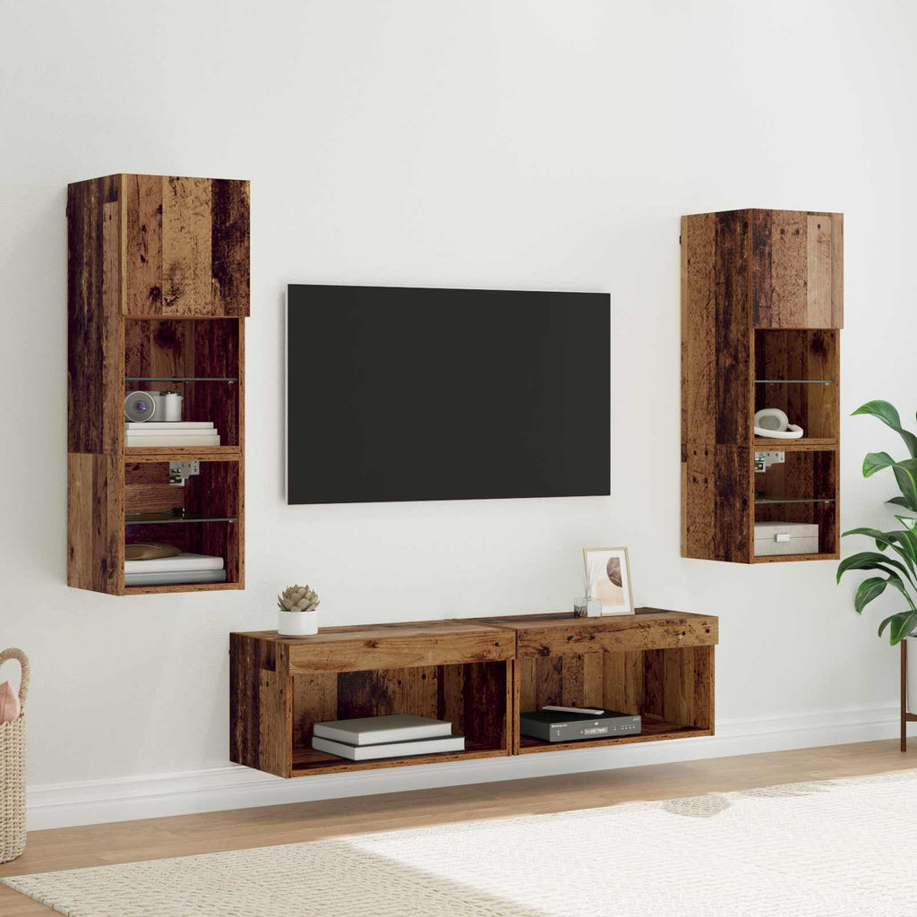 vidaXL TV-Wandmöbel mit LED-Lichtleisten 6 pcs Altholz Holzwerkstoff
