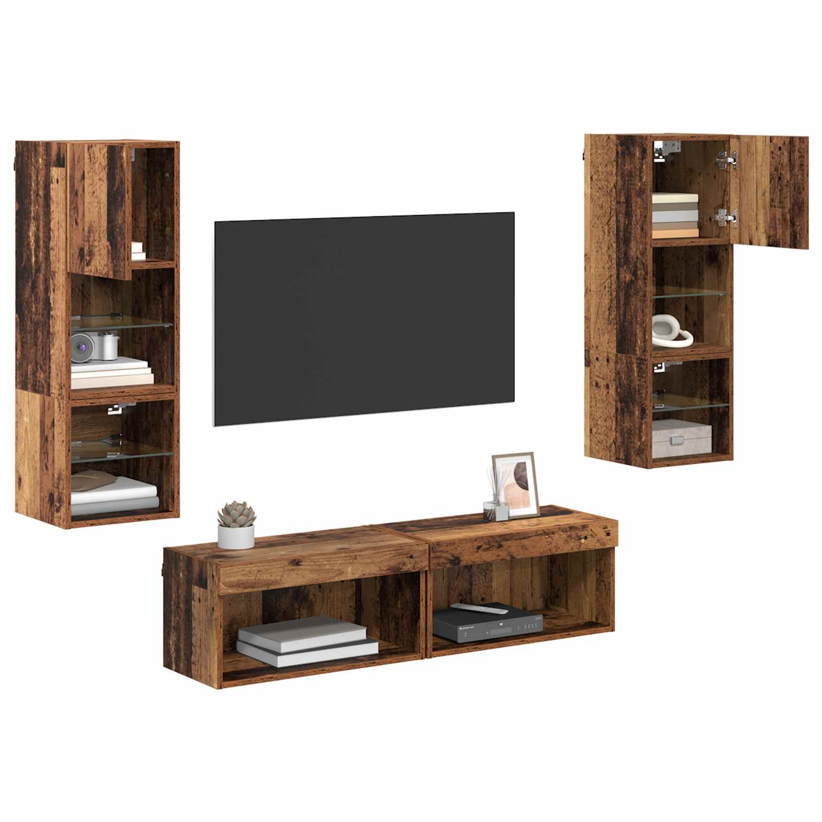 vidaXL TV-Wandmöbel mit LED-Lichtleisten 6 pcs Altholz Holzwerkstoff