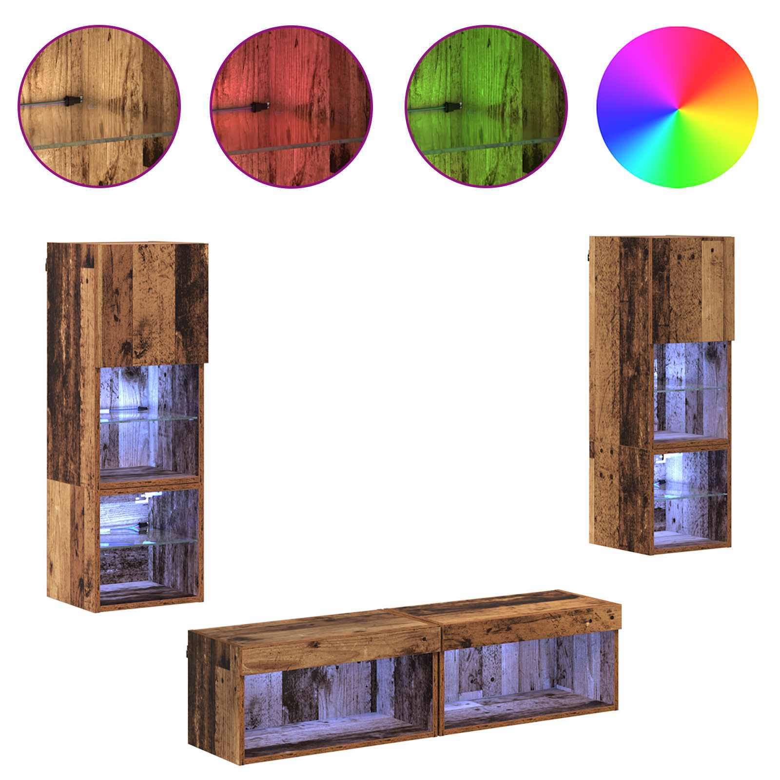 vidaXL TV-Wandmöbel mit LED-Lichtleisten 6 pcs Altholz Holzwerkstoff