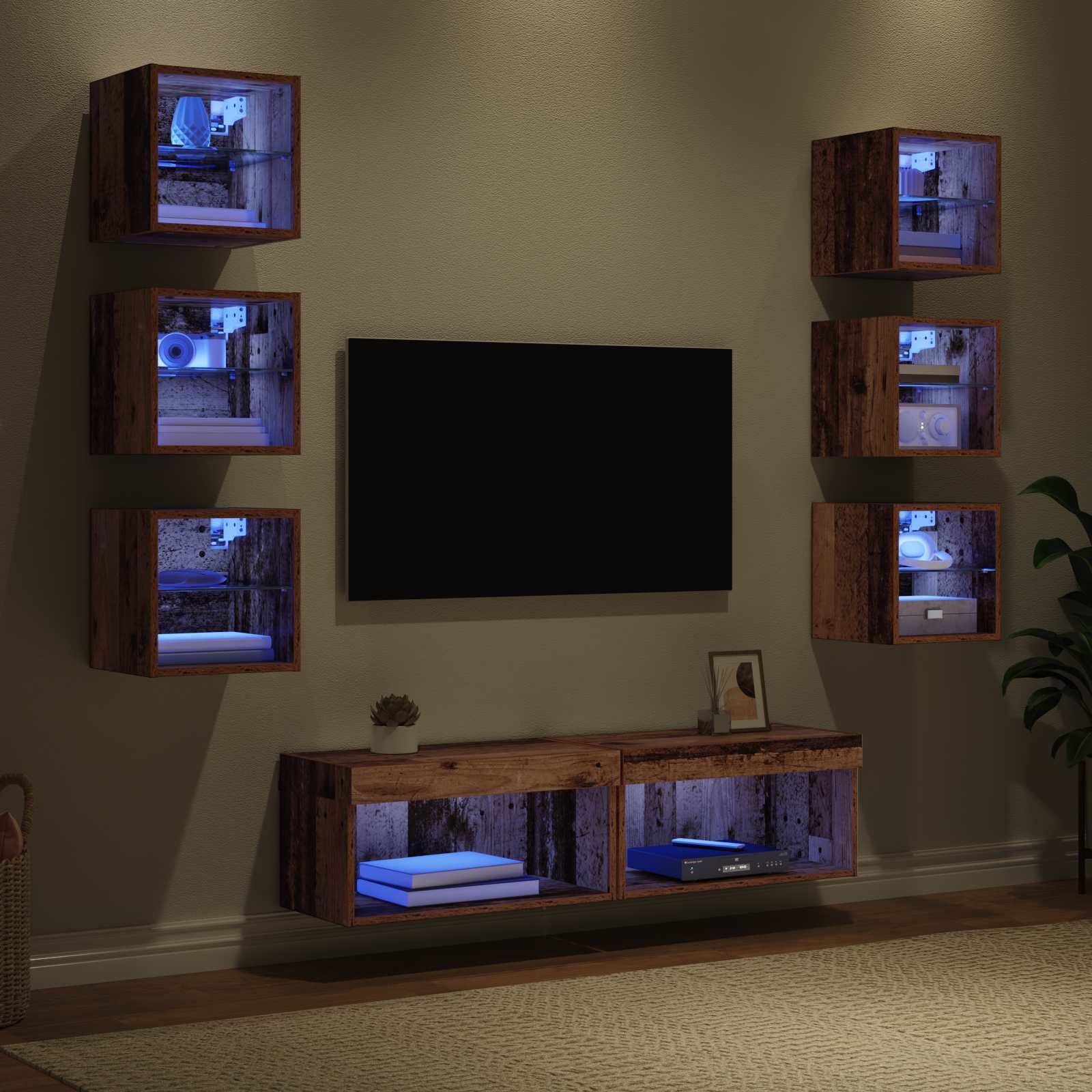 vidaXL TV-Schränk mit LED-Lichtleisten Wandmontiert 8 pcs Altholz Glas