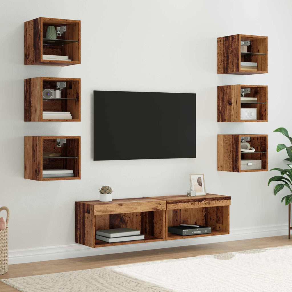 vidaXL TV-Schränk mit LED-Lichtleisten Wandmontiert 8 pcs Altholz Glas