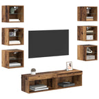 vidaXL TV-Schränk mit LED-Lichtleisten Wandmontiert 8 pcs Altholz Glas