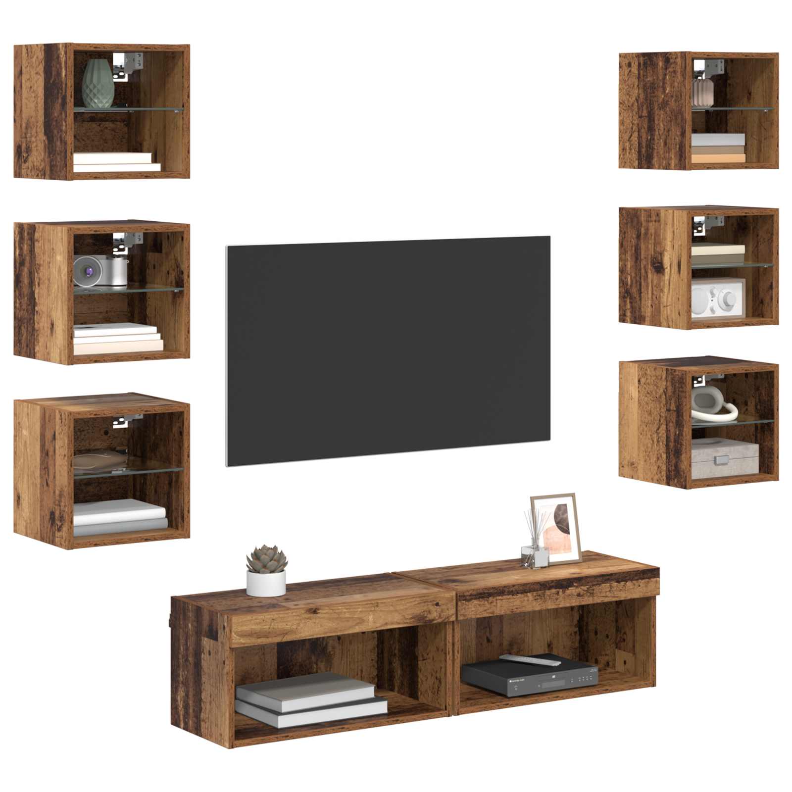 vidaXL TV-Schränk mit LED-Lichtleisten Wandmontiert 8 pcs Altholz Glas