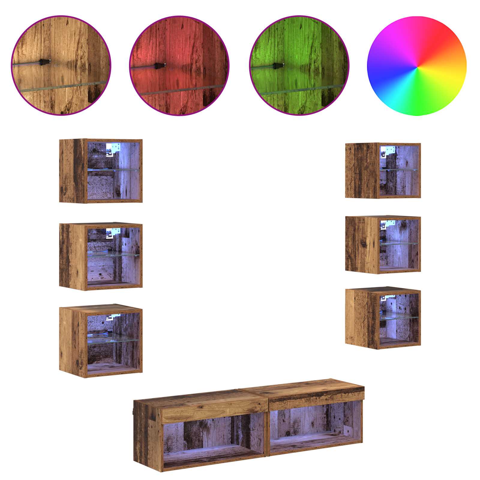 vidaXL TV-Schränk mit LED-Lichtleisten Wandmontiert 8 pcs Altholz Glas