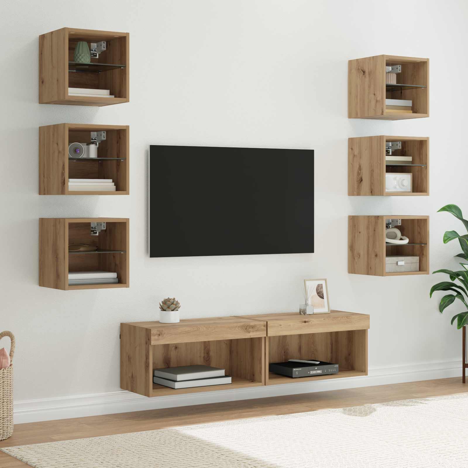 vidaXL TV-Schränk mit LED-Lichtleisten 8 pcs Artisan-Eiche Glas