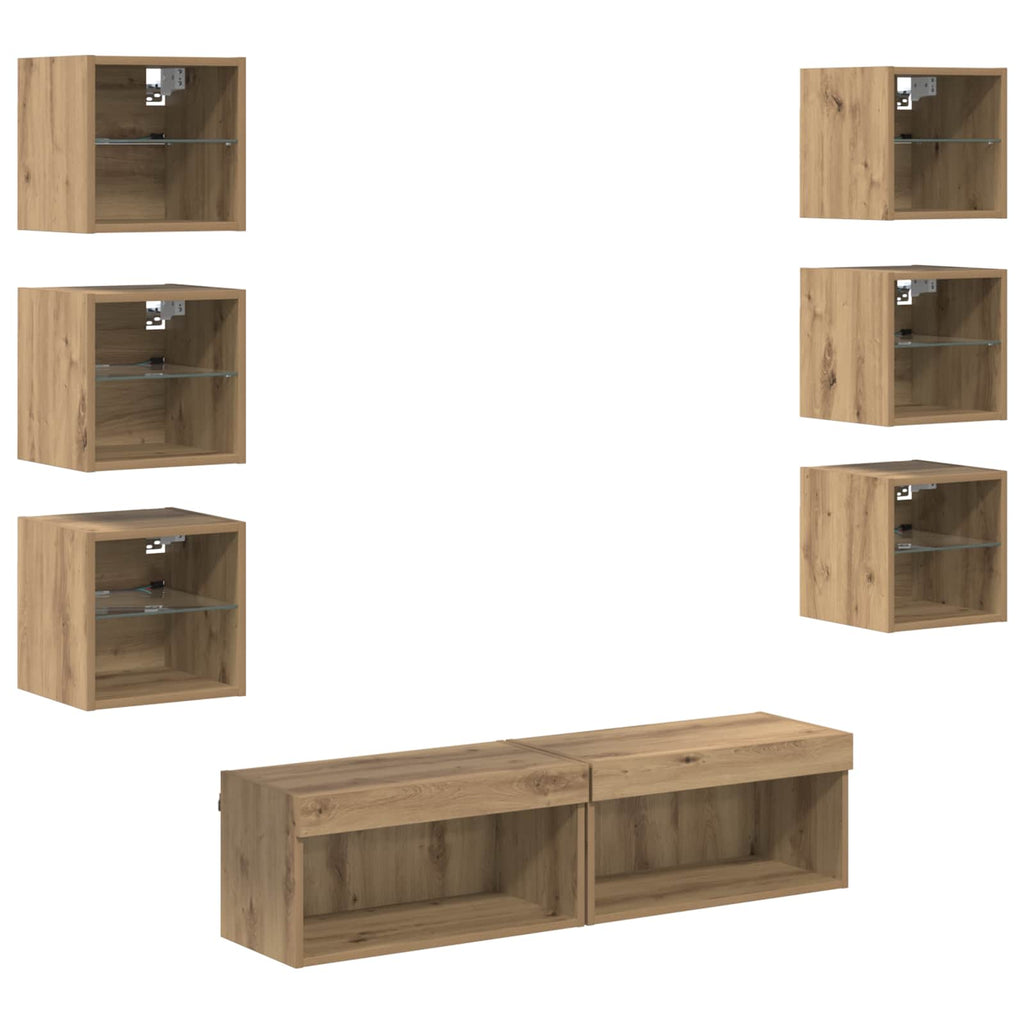 vidaXL TV-Schränk mit LED-Lichtleisten 8 pcs Artisan-Eiche Glas