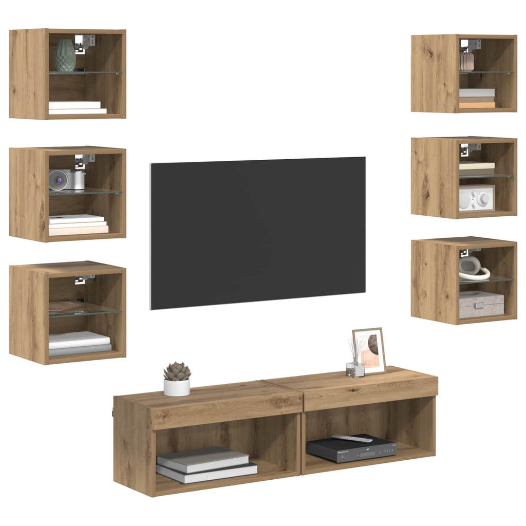 vidaXL TV-Schränk mit LED-Lichtleisten 8 pcs Artisan-Eiche Glas