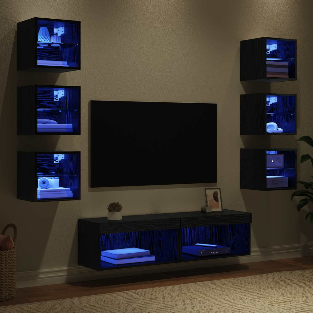 vidaXL TV-Schränk mit LED-Lichtleisten 8 pcs Schwarz Eichen-Optik Glas
