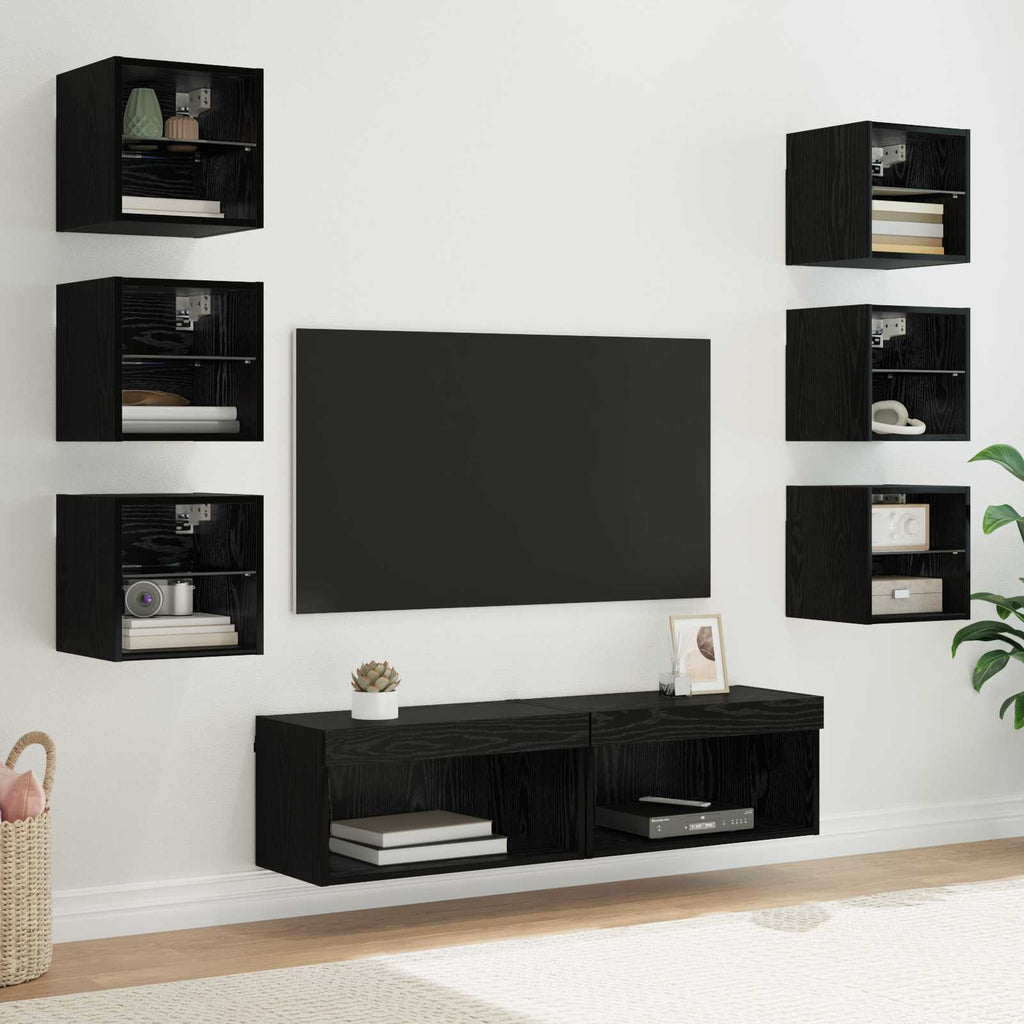 vidaXL TV-Schränk mit LED-Lichtleisten 8 pcs Schwarz Eichen-Optik Glas