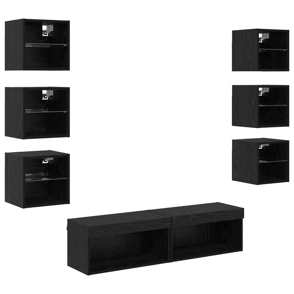 vidaXL TV-Schränk mit LED-Lichtleisten 8 pcs Schwarz Eichen-Optik Glas