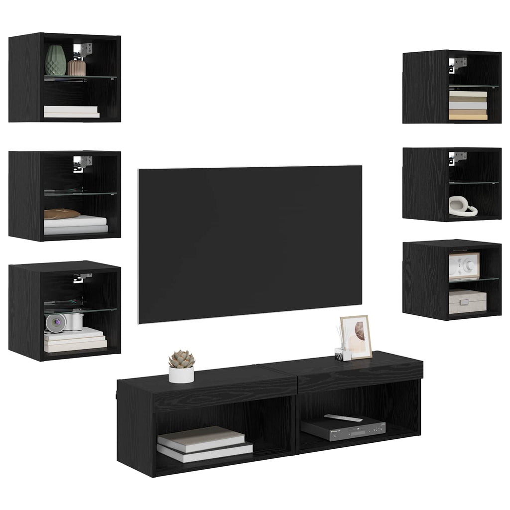 vidaXL TV-Schränk mit LED-Lichtleisten 8 pcs Schwarz Eichen-Optik Glas