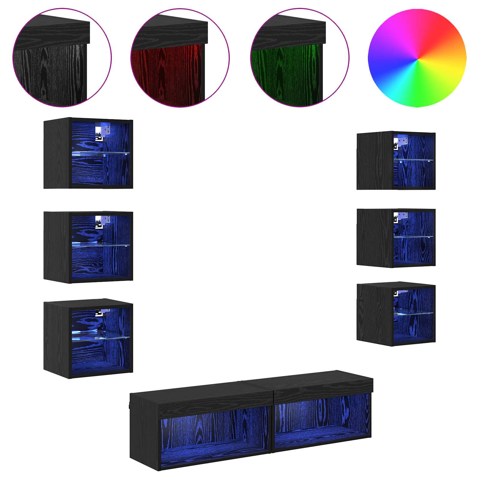 vidaXL TV-Schränk mit LED-Lichtleisten 8 pcs Schwarz Eichen-Optik Glas