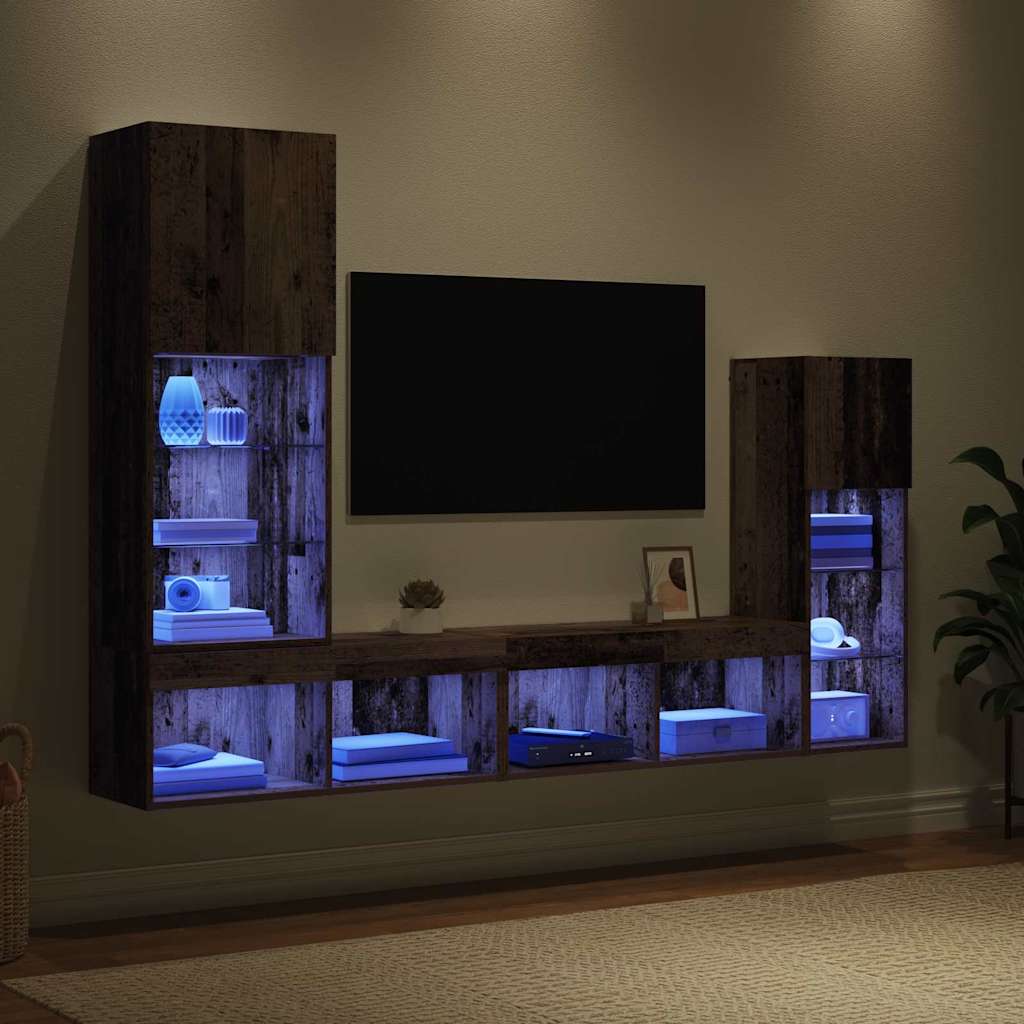 vidaXL TV-Wandgeräte mit LED-Lichtleisten 4 pcs Altholz Holzwerkstoff