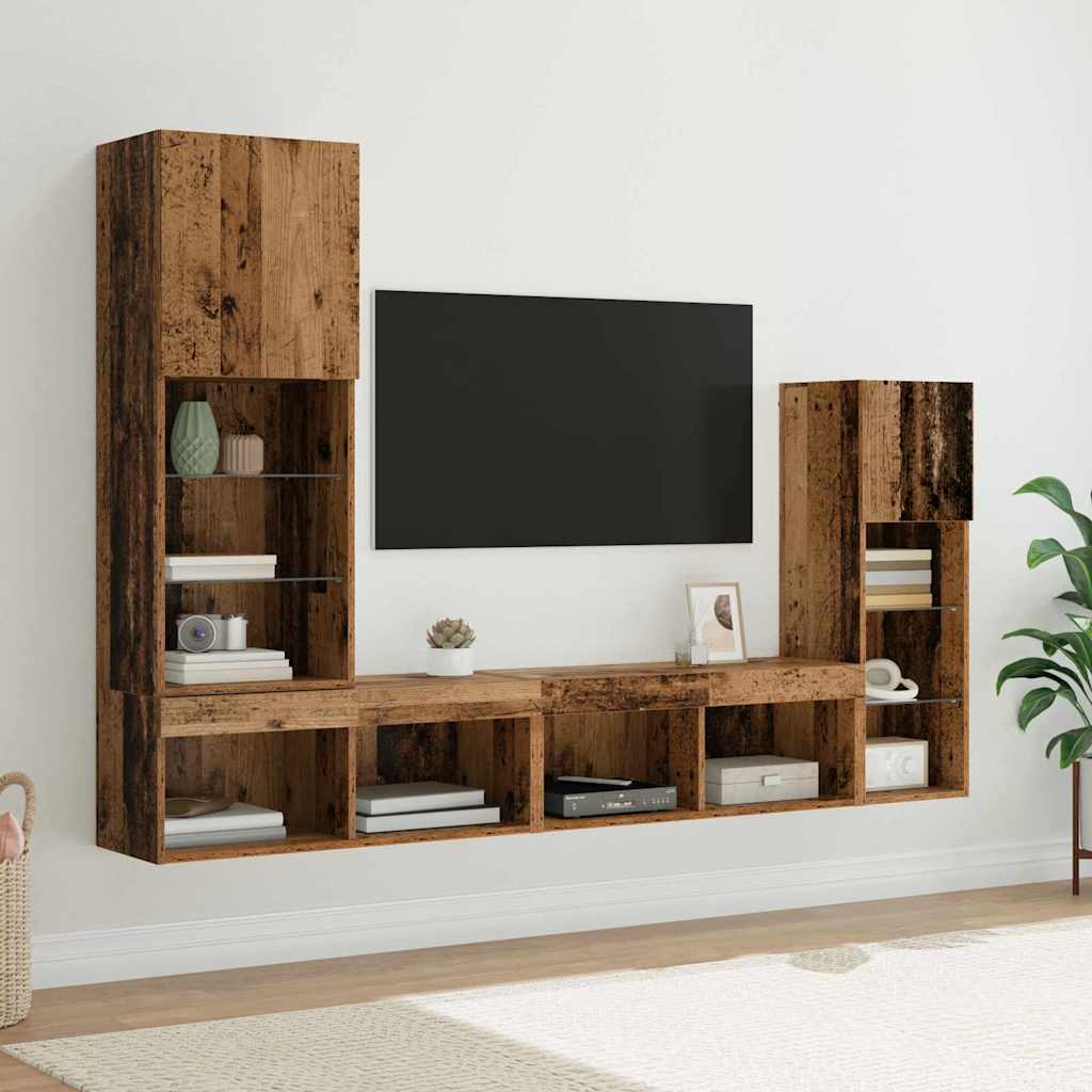 vidaXL TV-Wandgeräte mit LED-Lichtleisten 4 pcs Altholz Holzwerkstoff