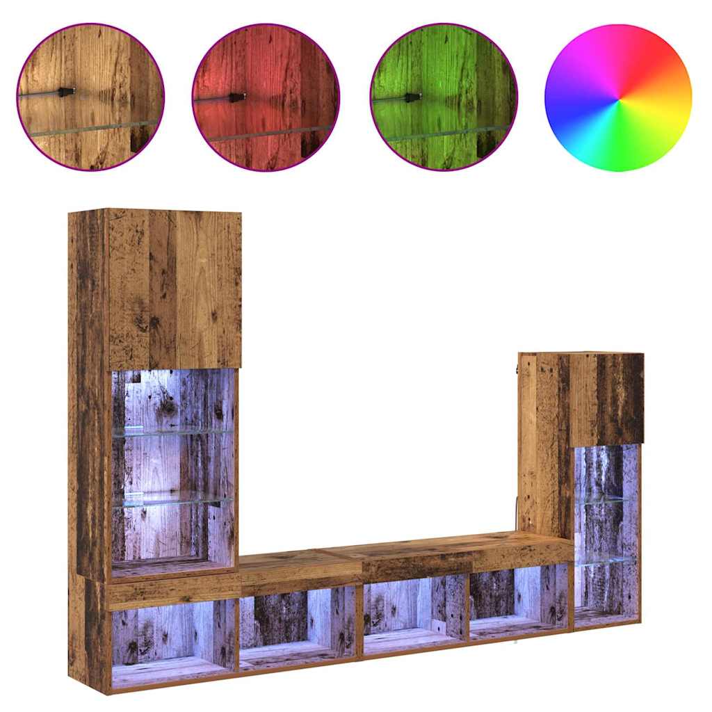 vidaXL TV-Wandgeräte mit LED-Lichtleisten 4 pcs Altholz Holzwerkstoff