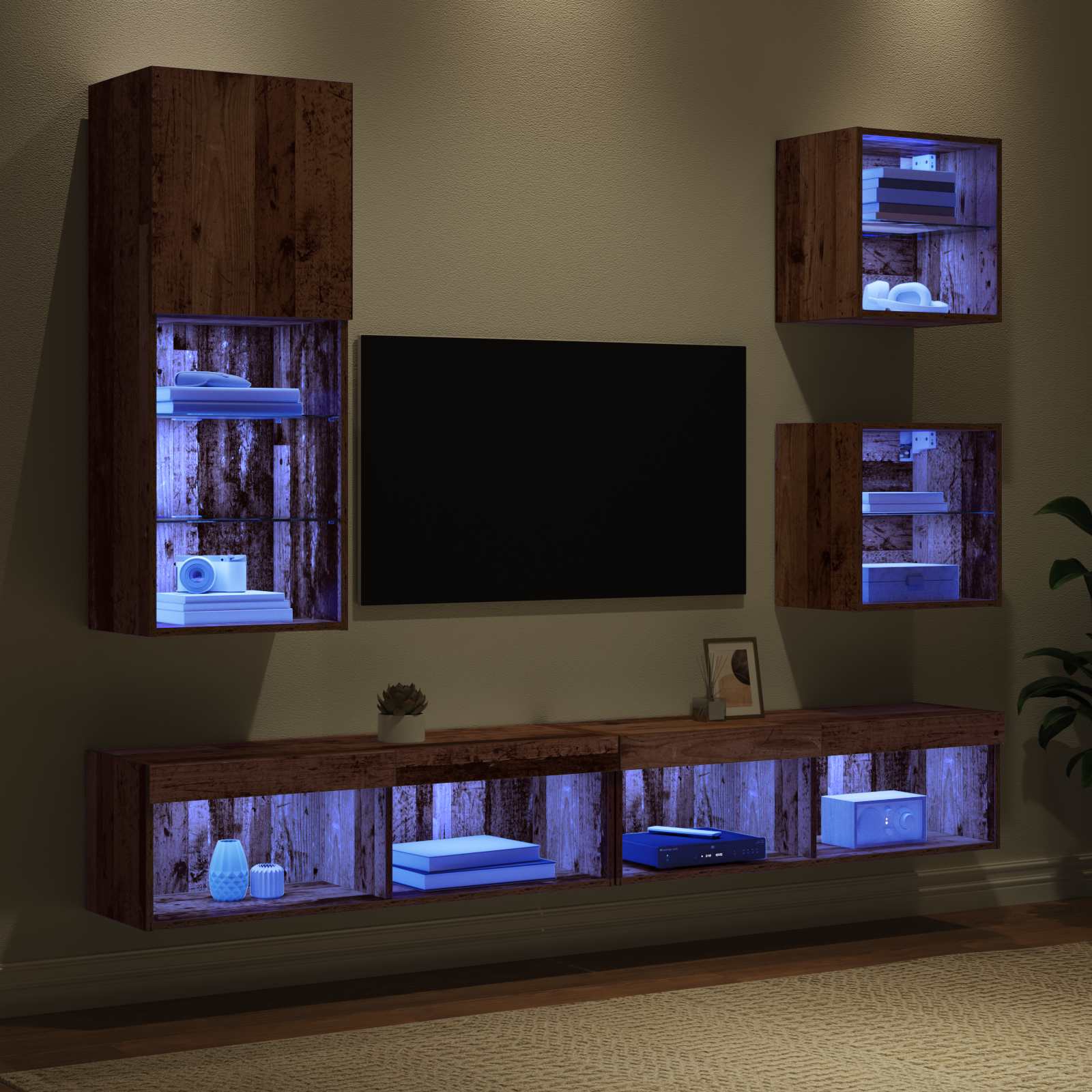 vidaXL TV Wand Einheiten mit LED 5 pcs Altholz Holzwerkstoff