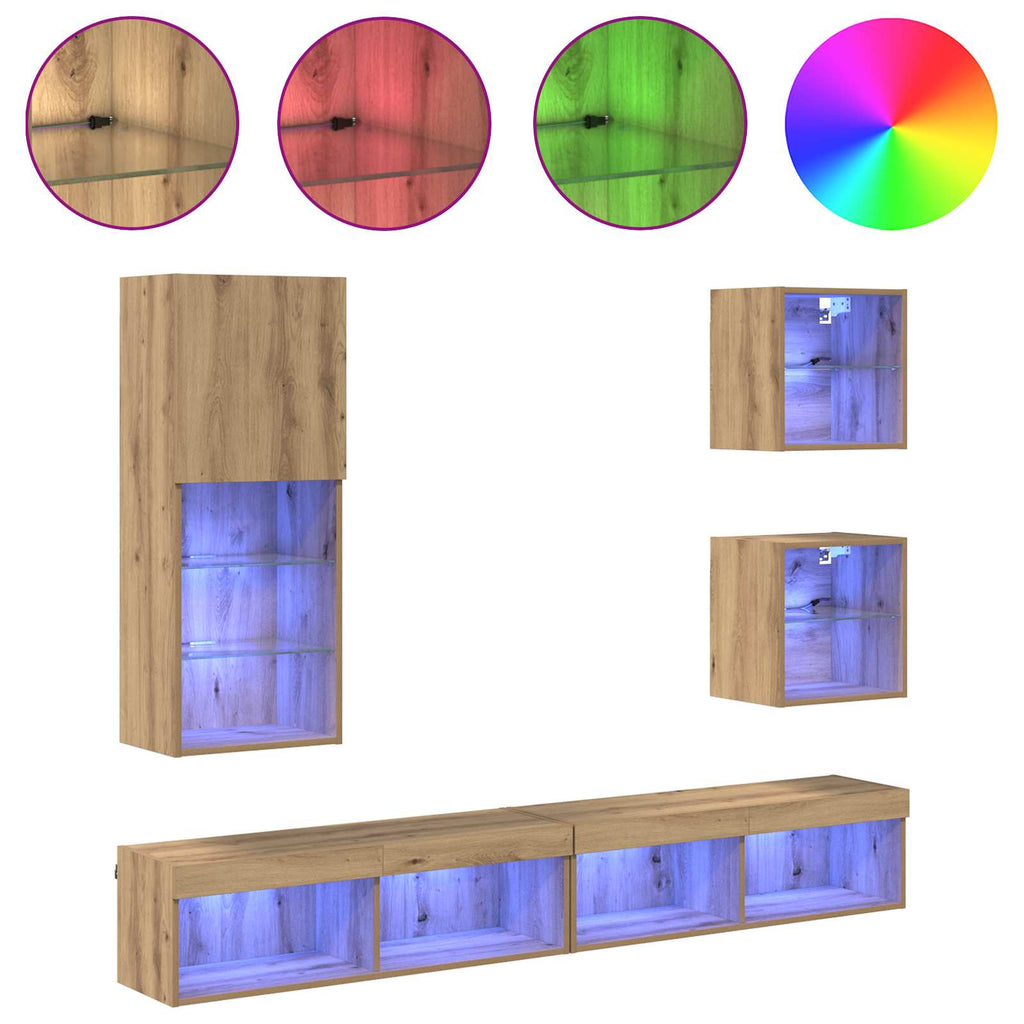 vidaXL TV Wand Einheiten mit LED 5 pcs Artisan-Eiche Holzwerkstoff
