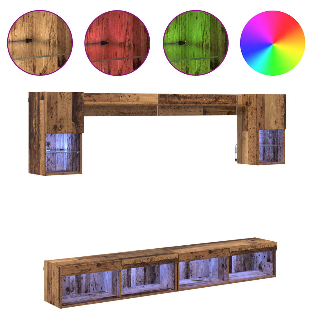 vidaXL TV Wand Einheiten mit LED mit LED 6 pcs Altholz Holzwerkstoff